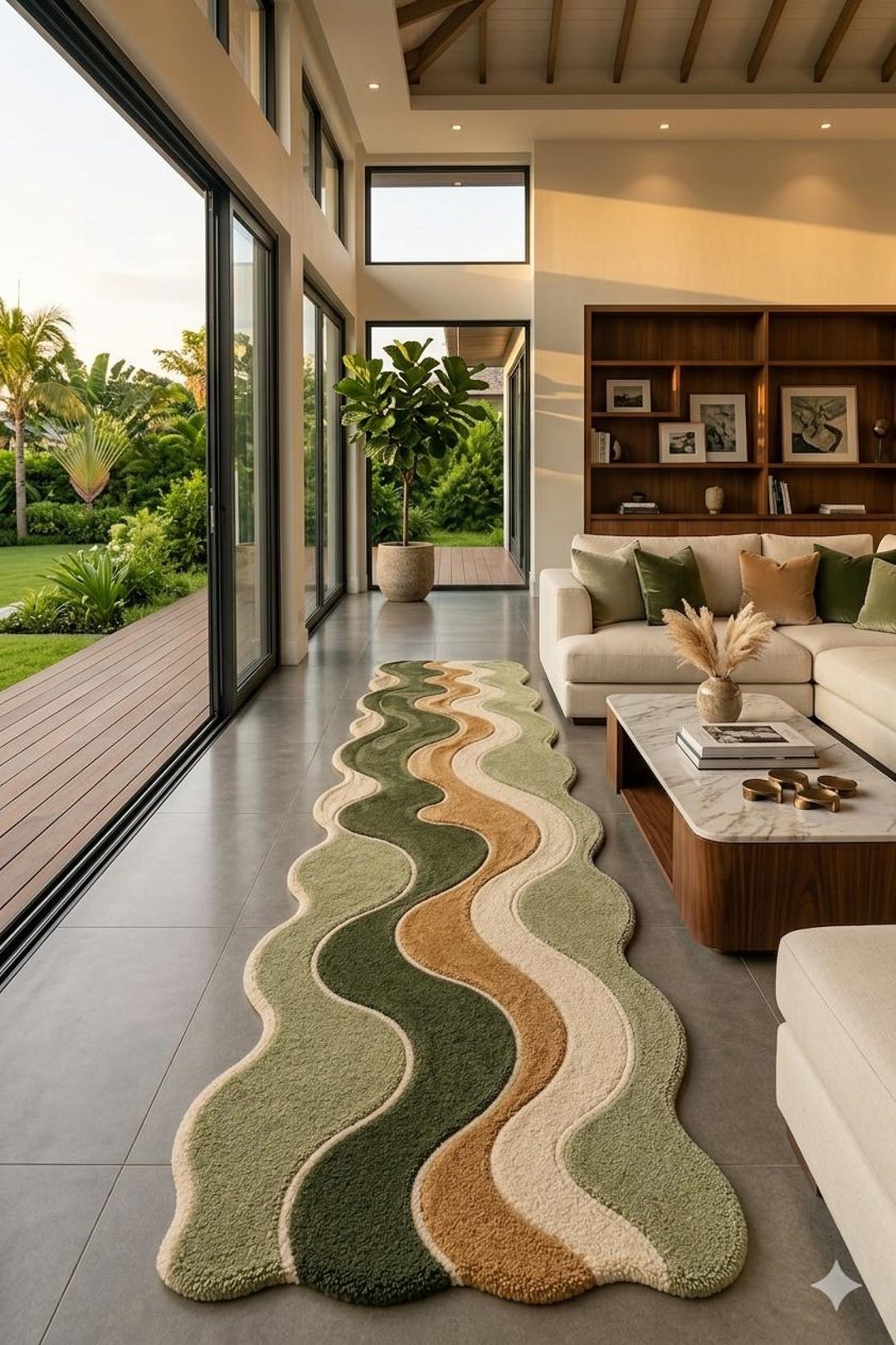 Earthy Green Rug Runner Wavy Runner Rug | Earth Tone Green and Brown Abstract Carpet ...
