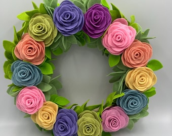 Felt rose wreath, 100% handmade colorful summertime decor