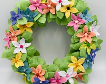 Felt flower wreath, handmade colorful summertime decor. Eye catching colorful blooms.