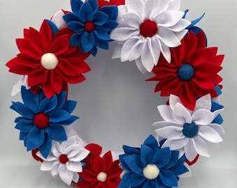 Patriotic felt flower wreath, 100% handmade. Celebrate the red, white and blue independence