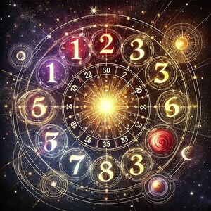 Può includere: Illustrazione digitale di un tema celeste con i numeri da 1 a 9 disposti in cerchio. I numeri dorati risaltano su uno sfondo scuro e stellato. Il tema presenta una fonte di luce centrale e linee radianti.