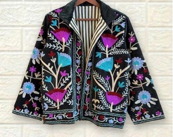 Handmade Embroidered Floral Jacket | Boho Black Coat | Colorful Folk Art Outerwear | Statement Vintage Style Jacket | Women’s Unique Gift.