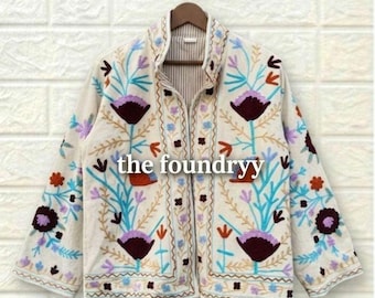 Boho Velvet Embroidered Jacket.Floral Hand-Embroidered Open Front Coat | Vintage-Inspired Suzani Coat: Cream Velvet The Foundryy Exclusive
