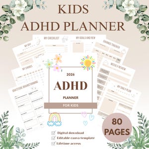 以下が含まれることがあります： ADHDのお子様向けプランナーで、ベージュと白のデザインです。「ADHD PLANNER FOR KIDS」と「2026」の文字が入っています。プランナーには、毎日の計画、チェックリスト、感謝のブレーンストーミングのセクションが含まれています。80ページのデジタルダウンロードです。