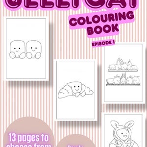 Op de afbeelding: Een omslag van een "Jellycat Colouring Book" met de tekst "Episode 1". De afbeelding toont verschillende kleurplaten met schattige, cartoonachtige illustraties van voedsel en personages. Tekst op de afbeelding zegt "13 pages to choose from" en "Ready to print downloads".