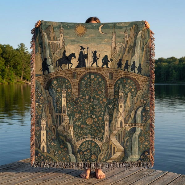 Fantasy Woven Blanket, Fellowship Journey Tapestry, Medieval Hobbitcore Wall Hanging, Bookish Dark Academia Throw, Book Lover Gift
