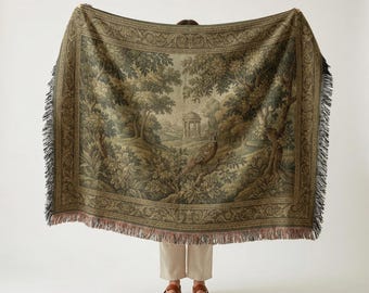 Coperta tessuta con paesaggio di verdure e fagiani francesi, arazzo vintage a tema foresta, decorazione da parete a tema bosco, plaid rustico ispirato alla natura.