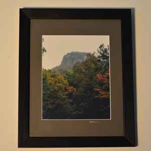 May include: Framed art print depicting a mountain landscape with autumn trees. The print is set within a white mount and a dark brown frame. The artwork captures the natural beauty of the forest.
