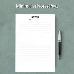 Puede incluir: Una página de notas minimalista con el texto "Minimalist Notes Page" en la parte superior. La página tiene líneas horizontales y la palabra "NOTES" en la parte superior. Un bolígrafo negro y plateado descansa en el lado derecho de la página.