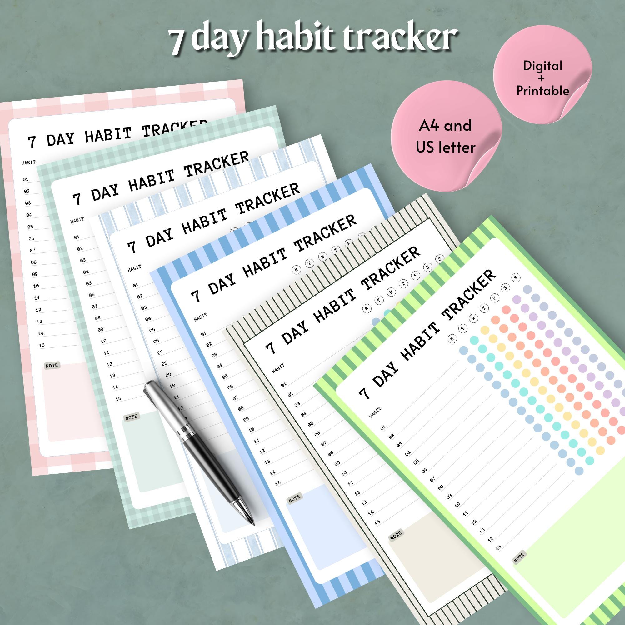 7 Day Habit Tracker Striped Printable Bundle PDF A4 US Letter Digital ...