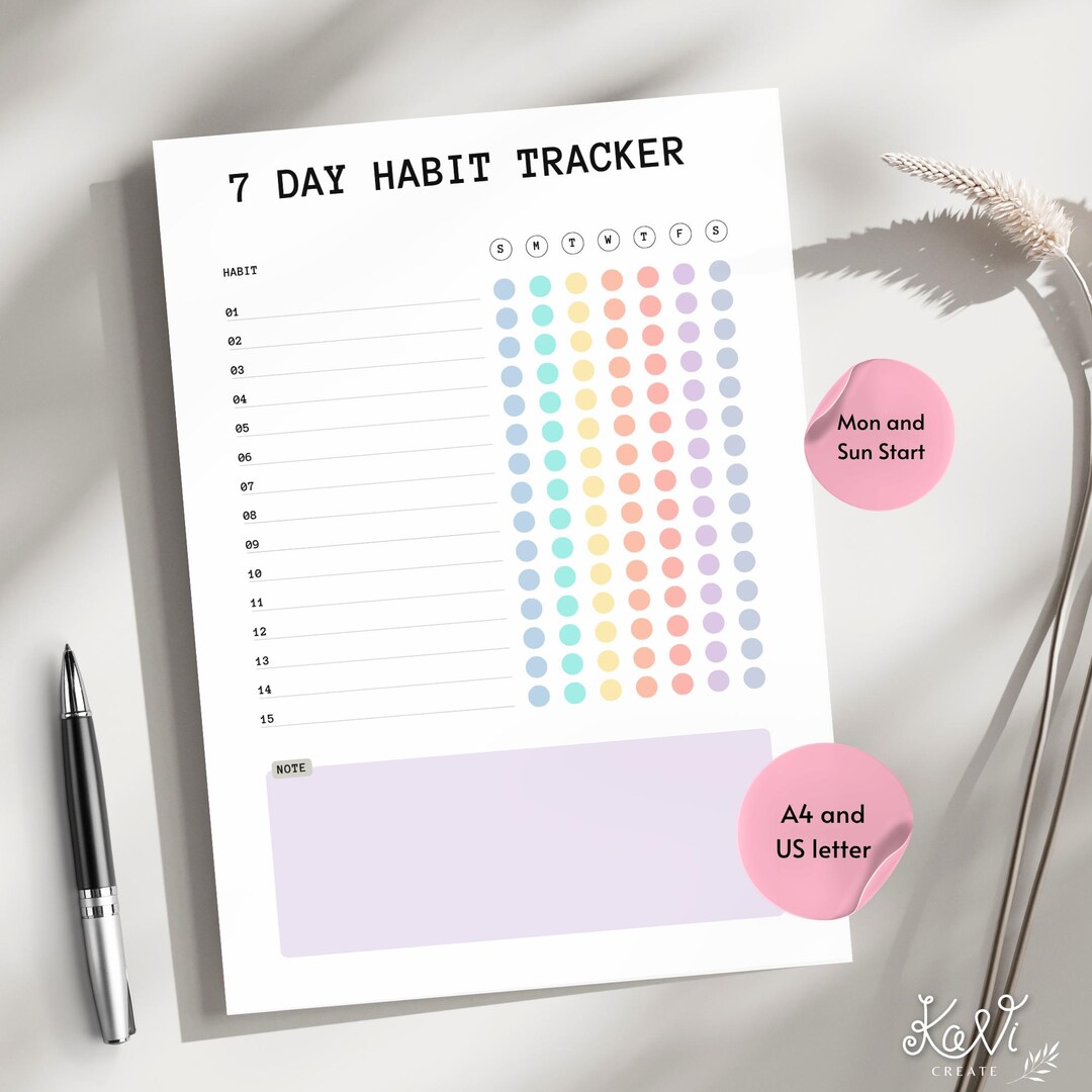7 Day Habit Tracker Printable PDF Weekly Habit Tracker Daily Routine ...