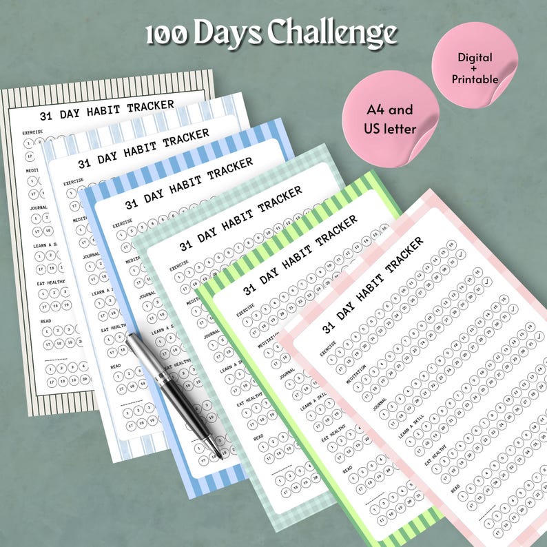 31 Day Striped Habit Tracker Printable PDF A4 US Letter Digital ...