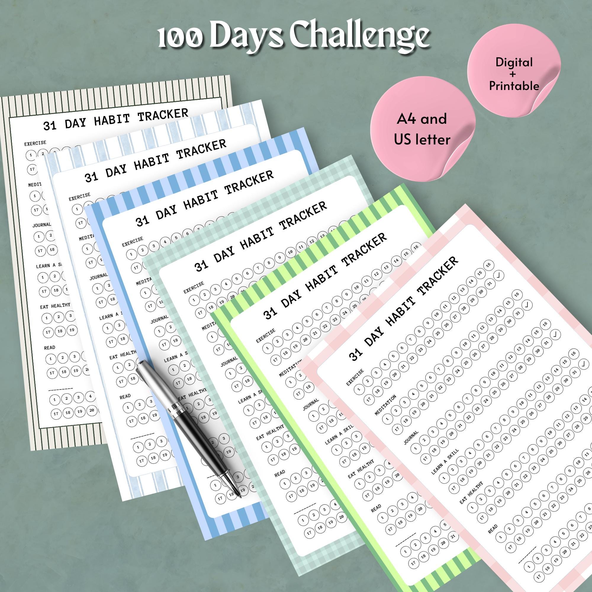 31 Day Striped Habit Tracker Printable PDF A4 US Letter Digital ...