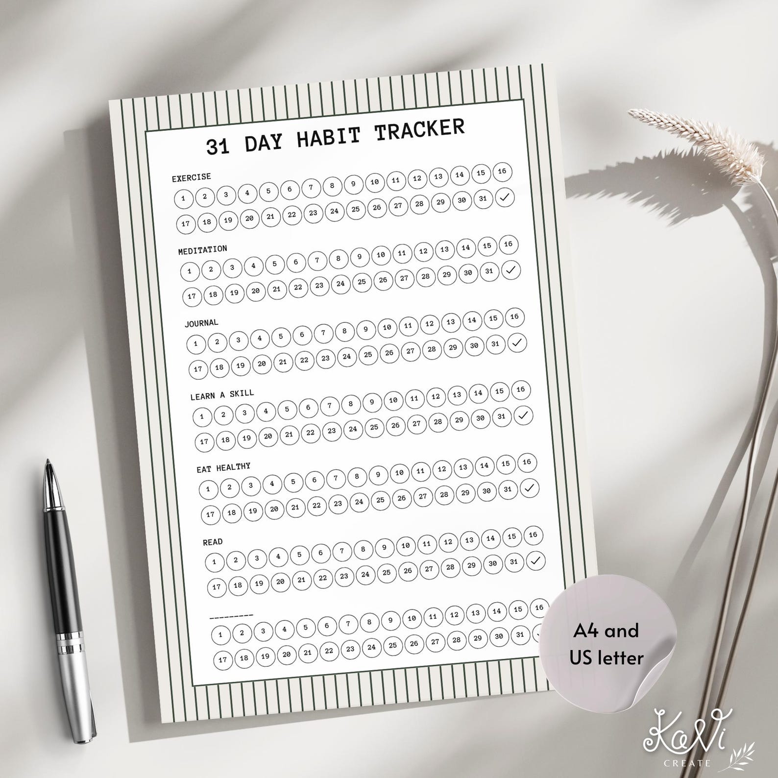 31 Day Striped Habit Tracker Printable PDF A4 US Letter Digital ...