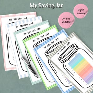 May include: A collection of printable saving jar trackers with a mason jar design. Each sheet features a different pastel color border and the text "My Saving Jar". Includes a pen and stickers that say "Digital + Printable" and "A4 and US letter".