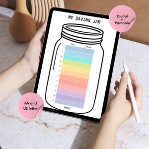 May include: A digital printable savings tracker displayed on a tablet. The design features a jar shape with sections for dates and amounts, filled with rainbow colors. Text includes "MY SAVING JAR", "DATE", "AMOUNT", and "TOTAL". Pink stickers indicate "Digital + Printable" and "A4 and US letter".