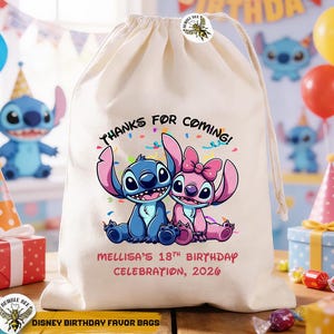 May include: A cream-colored drawstring bag featuring a blue and pink cartoon character couple. The text "THANKS FOR COMING!" is above the characters, and "MELLISA'S 18TH BIRTHDAY CELEBRATION, 2026" is below. The bag is labeled "DISNEY BIRTHDAY FAVOR BAGS".