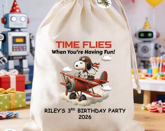 Personalized Snoopy Airplane Birthday Favor Bags, Time Flies When You're Having Fun, Custom Party Treat Bags, Kids Birthday Goodie Bags