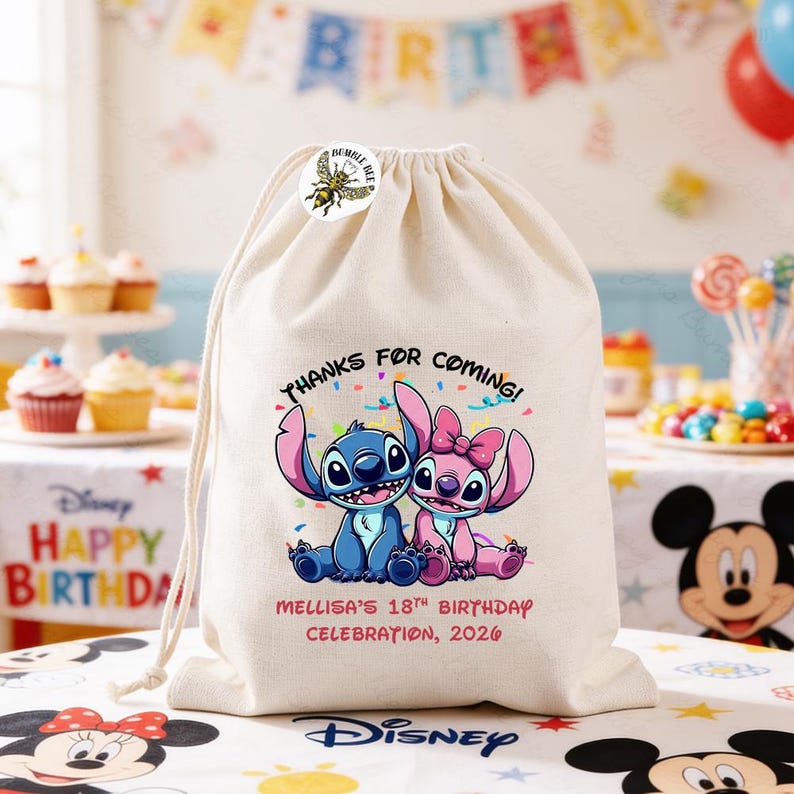 May include: A beige drawstring bag featuring a cartoon image of Stitch and Angel, with the text "THANKS FOR COMING!" and "MELLISA'S 18TH BIRTHDAY CELEBRATION, 2026". A Bumble Bee sticker is on the bag.