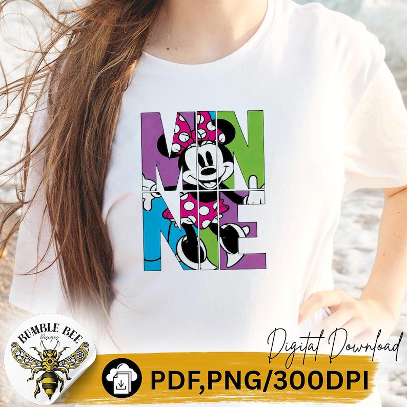 May include: White t-shirt featuring a colorful graphic of Minnie Mouse, with the word "MINNIE" spelled out in segmented blocks. Minnie Mouse is wearing a pink polka dot bow and dress. The shirt also includes the text "Digital Download" and "PDF, PNG/300DPI".