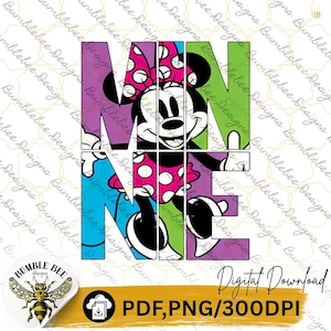 May include: A colorful digital download graphic featuring the name "MINNIE" with Minnie Mouse's face integrated into the letters. The letters are in various colors, including purple, green, and blue, with a yellow and black Bumble Bee Designs logo.
