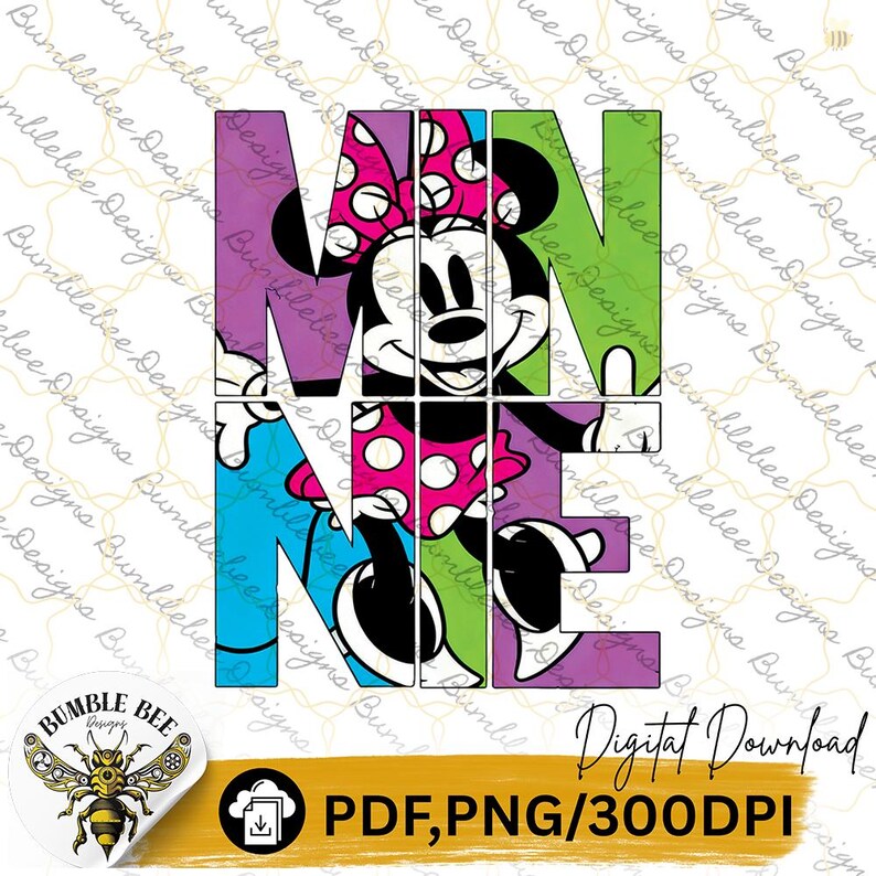 May include: A colorful digital download graphic featuring the name "MINNIE" with Minnie Mouse's face integrated into the letters. The letters are in various colors, including purple, green, and blue, with a yellow and black Bumble Bee Designs logo.