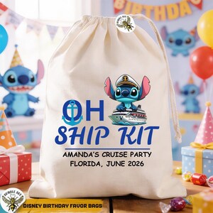 May include: A cream-colored drawstring bag with the text "OH SHIP KIT" in blue, featuring a cartoon character on a cruise ship. The bag also includes the text "AMANDA'S CRUISE PARTY FLORIDA, JUNE 2026". A Bumble Bee logo is visible.