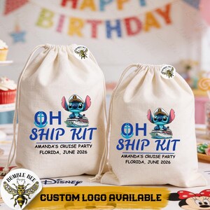 May include: Two beige drawstring bags with a blue and white graphic of a cartoon character on a cruise ship, with the text "OH SHIP KIT" and "AMANDA'S CRUISE PARTY FLORIDA, JUNE 2026". A Bumble Bee Designs logo is in the lower left corner.