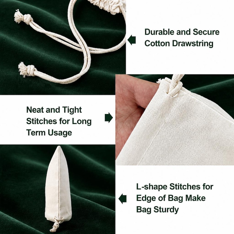 K&ouml;nnte beinhalten: Nahaufnahme eines wei&szlig;en Baumwollbeutels mit Kordelzug. Der Text lautet "Durable and Secure Cotton Drawstring", "Neat and Tight Stitches for Long Term Usage" und "L-shape Stitches for Edge of Bag Make Bag Sturdy". Der Hintergrund ist dunkelgr&uuml;n.