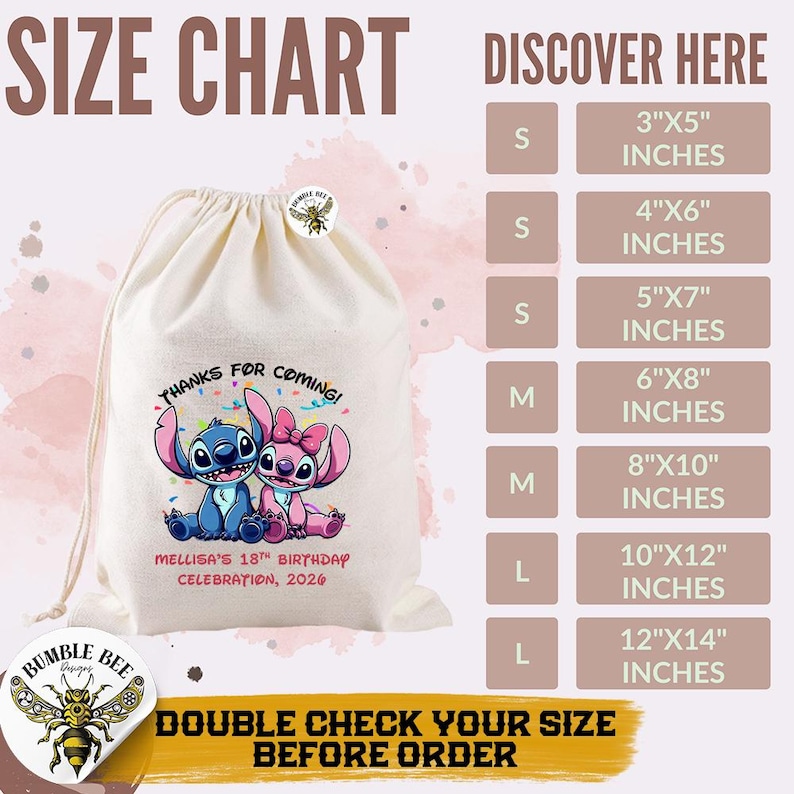 May include: A cream-colored drawstring bag featuring a blue and pink cartoon character design. The bag has the text "Thanks for coming!" and "Mellisa's 18th Birthday Celebration, 2026". Size chart includes measurements from 3"x5" to 12"x14" inches.