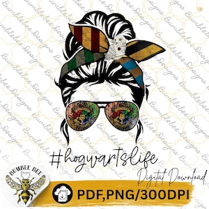 May include: Digital download featuring a graphic of a woman's silhouette with a Hogwarts-themed headband and sunglasses. The sunglasses display the Hogwarts crest. The image includes the text "#hogwartslife" and "Digital Download".