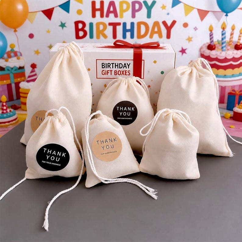 K&ouml;nnte beinhalten: Eine Sammlung beiger Kordelzugbeutel mit wei&szlig;en Kordeln, einige mit "THANK YOU" Aufklebern. Im Hintergrund eine wei&szlig;e Box mit rotem Band und dem Text "BIRTHDAY GIFT BOXES", zusammen mit einer Geburtstagstorte und den Worten "HAPPY BIRTHDAY".
