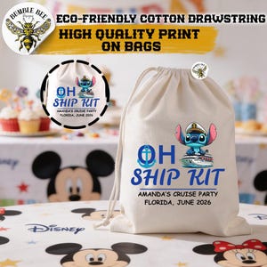 May include: A beige drawstring bag with a blue and white graphic that reads "OH SHIP KIT" and features a cartoon character on a cruise ship. The text "AMANDA'S CRUISE PARTY FLORIDA, JUNE 2026" is also printed on the bag.