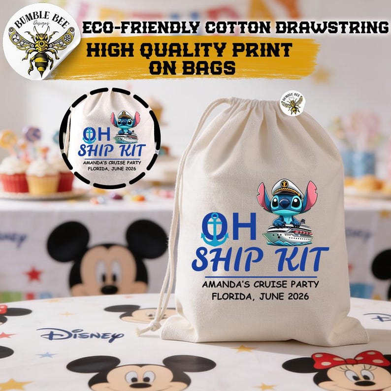 May include: A beige drawstring bag with a blue and white graphic that reads "OH SHIP KIT" and features a cartoon character on a cruise ship. The text "AMANDA'S CRUISE PARTY FLORIDA, JUNE 2026" is also printed on the bag.