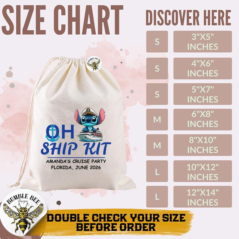 May include: A cream-colored drawstring bag with the text "OH SHIP KIT" and a cartoon character illustration. The bag includes a size chart with measurements in inches, ranging from 3"x5" to 12"x14". The text "DOUBLE CHECK YOUR SIZE BEFORE ORDER" is also present.