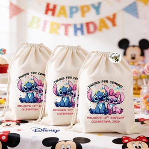 May include: Three beige drawstring bags with a cartoon image of Stitch and Angel. The bags have the text "THANKS FOR COMING!" and "MELLISA'S 18TH BIRTHDAY CELEBRATION, 2026". A "Happy Birthday" banner is in the background.
