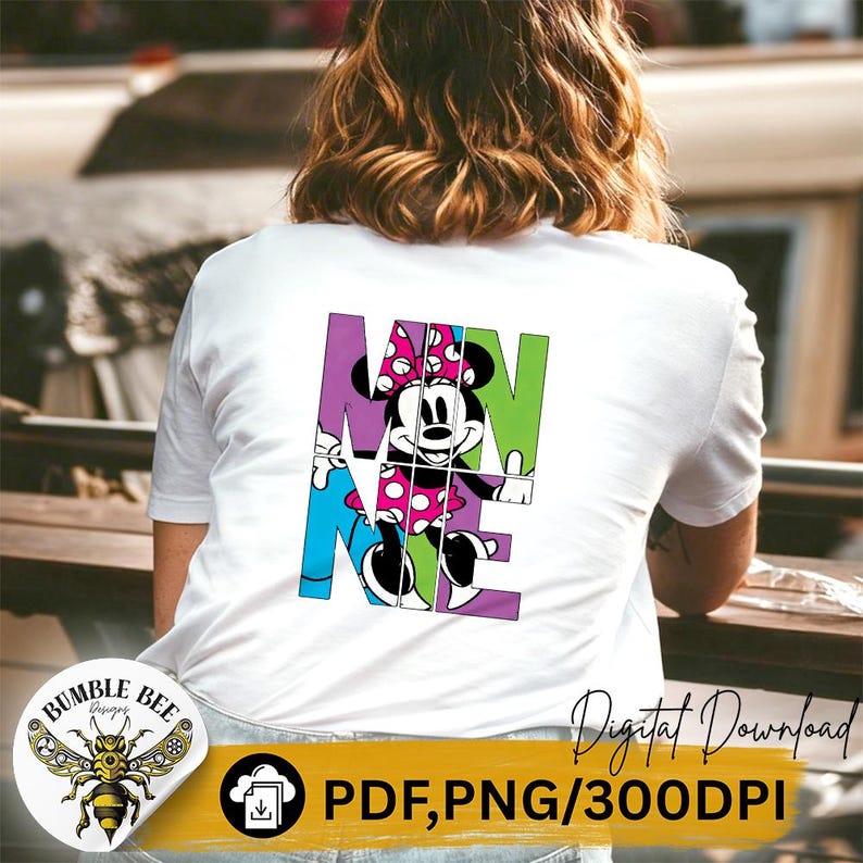 May include: White t-shirt featuring a colorful graphic of Minnie Mouse with the word "MINNIE" in segmented letters. The design includes a pink polka-dot bow and dress. The image also includes the text "Digital Download" and "PDF, PNG/300DPI".