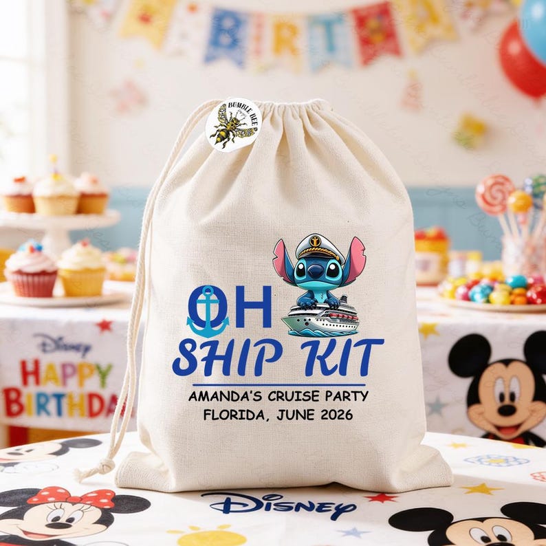 May include: A beige drawstring bag with the text "OH SHIP KIT" and a cartoon image of Stitch on a cruise ship. The bag also includes the text "AMANDA'S CRUISE PARTY FLORIDA, JUNE 2026" and a bumble bee sticker.
