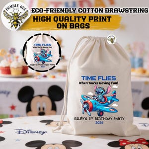 May include: A natural canvas drawstring bag with a colorful print. The design features a blue airplane with a cartoon character and the text "TIME FLIES When You're Having Fun!" and "RILEY'S 3RD BIRTHDAY PARTY 2026".