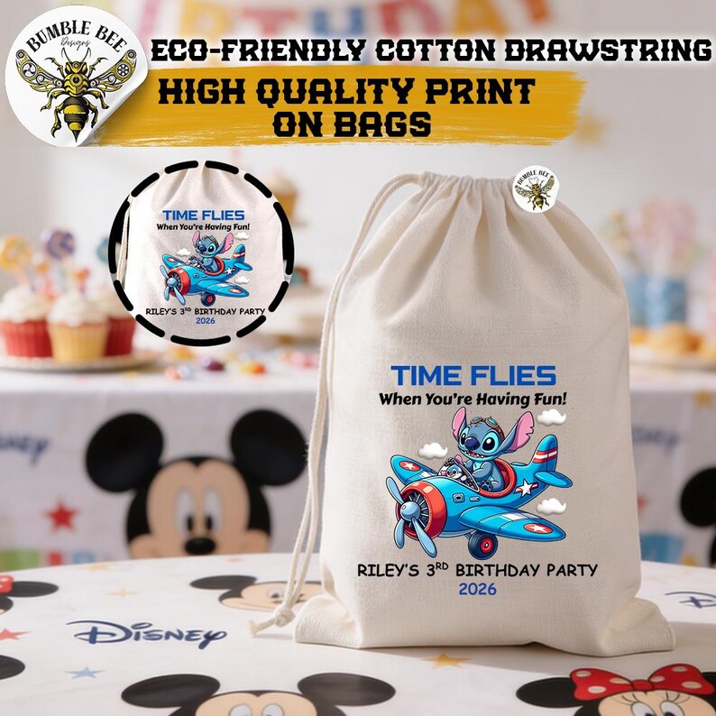 May include: A natural canvas drawstring bag with a colorful print. The design features a blue airplane with a cartoon character and the text "TIME FLIES When You're Having Fun!" and "RILEY'S 3RD BIRTHDAY PARTY 2026".