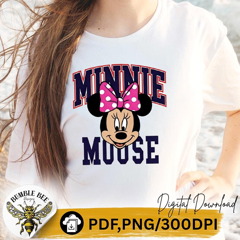 May include: White t-shirt featuring a graphic of Minnie Mouse with a pink polka-dot bow. The text "MINNIE" is in a navy blue collegiate font with a red outline, and "MOOSE" is in navy blue. The shirt also includes the text "Digital Download" and "PDF, PNG/300DPI".