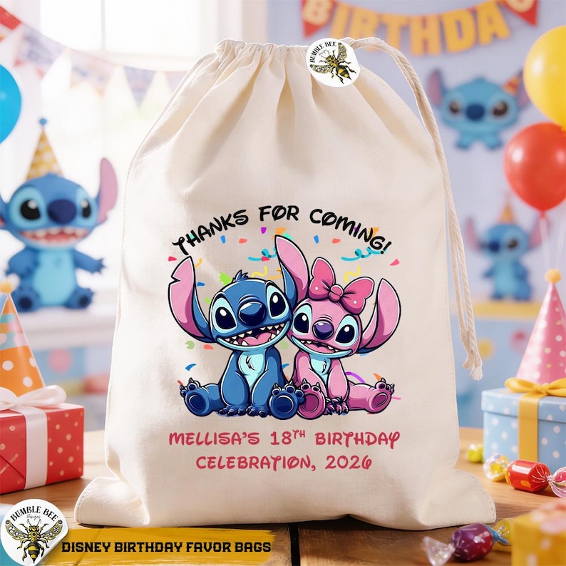 May include: A cream-colored drawstring bag featuring a blue and pink cartoon character couple. The text "THANKS FOR COMING!" is above the characters, and "MELLISA'S 18TH BIRTHDAY CELEBRATION, 2026" is below. The bag is labeled "DISNEY BIRTHDAY FAVOR BAGS".
