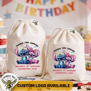 May include: Two beige drawstring bags with a cartoon image of Stitch and Angel, with the text "THANKS FOR COMING!" and "MELLISA'S 18TH BIRTHDAY CELEBRATION, 2026". A Bumble Bee logo and "CUSTOM LOGO AVAILABLE" are also visible.