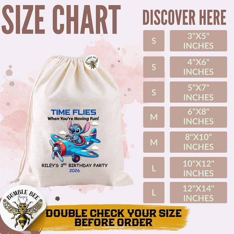 May include: A cream-colored drawstring bag with a cartoon image of a blue character in a red and blue airplane. Text on the bag reads "TIME FLIES When You're Having Fun!" and "RILEY'S 3RD BIRTHDAY PARTY 2026." A size chart shows dimensions in inches.