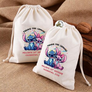 May include: Two off-white drawstring favor bags with a cartoon image of Stitch and Angel. The bags have the text "THANKS FOR COMING!" and "MELLISA'S 18TH BIRTHDAY CELEBRATION, 2026". The bags are on a burlap surface.