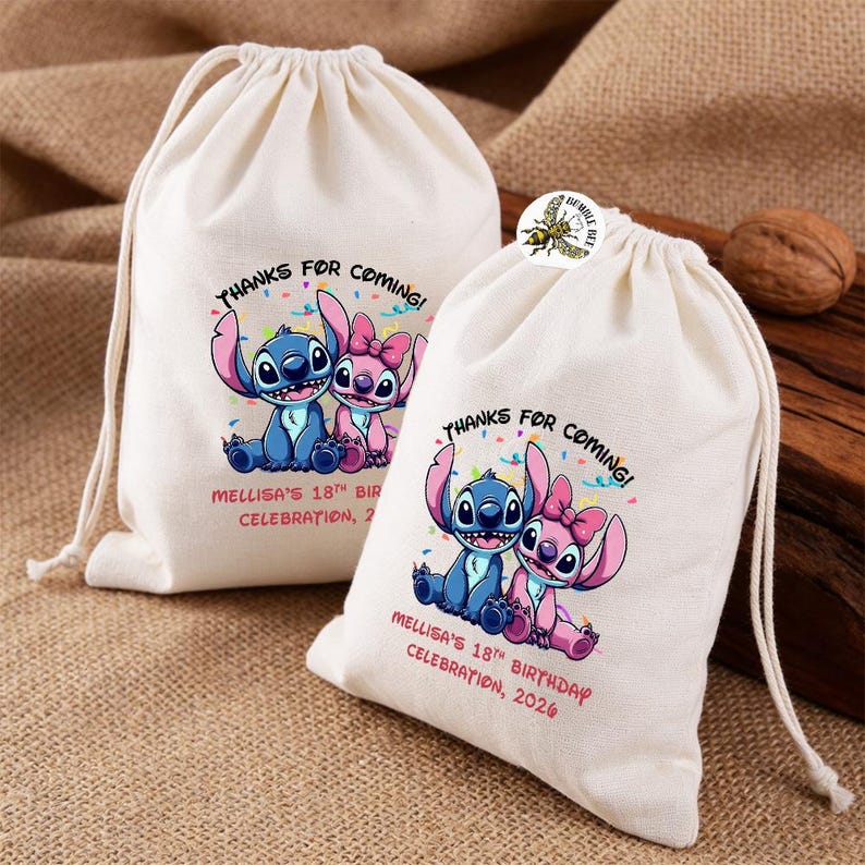 May include: Two off-white drawstring favor bags with a cartoon image of Stitch and Angel. The bags have the text "THANKS FOR COMING!" and "MELLISA'S 18TH BIRTHDAY CELEBRATION, 2026". The bags are on a burlap surface.
