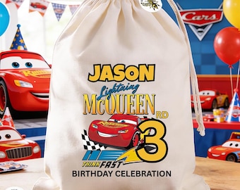 Personalized Cars Birthday Party Favor Bag Custom Name Cotton Treat Pouch Lightning McQueen Theme Gift Sack Boy Racing Celebration Bag