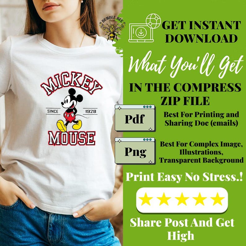 May include: White t-shirt featuring a Mickey Mouse graphic. The design includes the words "MICKEY MOUSE" in red, with Mickey Mouse in the center. The shirt also has the text "SINCE 1928". Additional text on the image includes "GET INSTANT DOWNLOAD" and "What You'll Get".