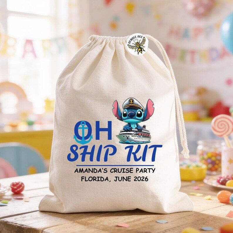 May include: A beige drawstring bag with the text "OH SHIP KIT" in blue, featuring a cartoon character on a cruise ship. The bag includes the text "AMANDA'S CRUISE PARTY FLORIDA, JUNE 2026" and a bumble bee button.