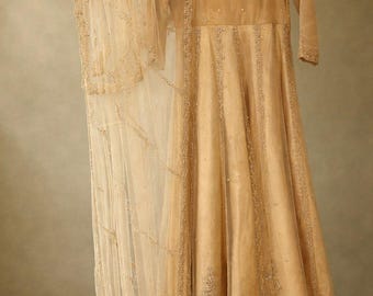 Anarkali indio color beige y dorado: vestido étnico bordado / atuendo para invitada de boda / vestido para fiesta festiva